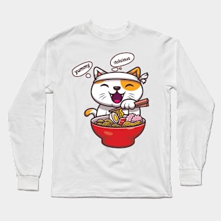 Kawaii Sweet Cat Eating Spaghetti Long Sleeve T-Shirt